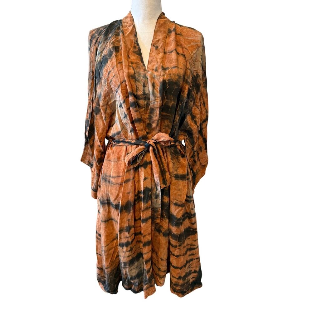 Caravan Serai Silk Tie Dye Kimono Robe Terracotta Multi